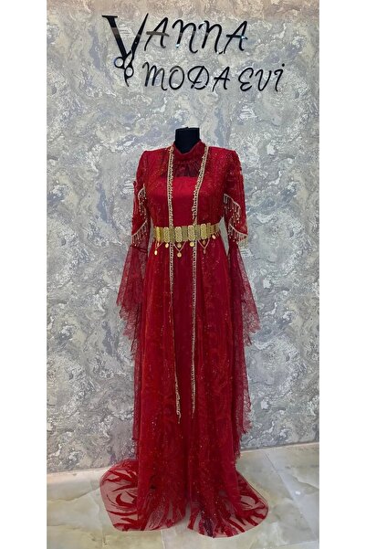 VANNA MODAEVİ Vanna Moda Evi Özel Tasarım Dantelli ve Taş İşlemeli Kırmızı Bi...