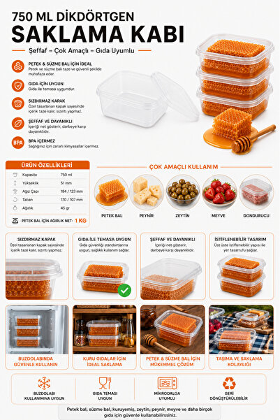 Aksaray Arıcılık Bal Saklama Kapı Dikdörtgen - 750 ml (Petek Bal için 1 Kg)