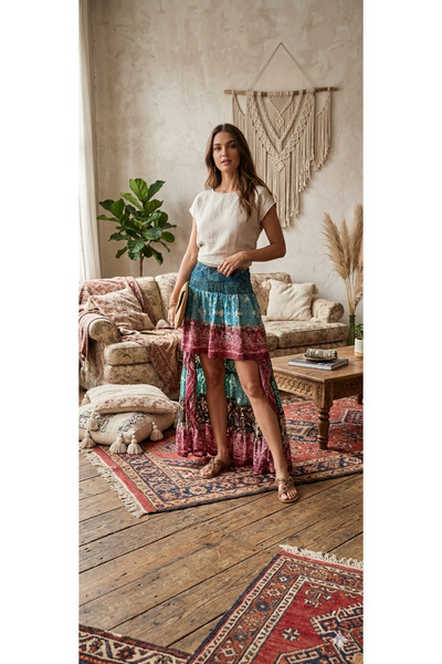 jurju Kadın İthal Asimetrik Patchwork Bohem İpek Etek (36-40 Bedene Kadar Uyu...