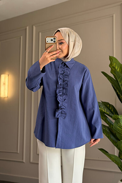 Suede Style 6535 - قميص نسائي أنيق ومريح مزين بكشكشة من قماش الخوخ المنسوج
