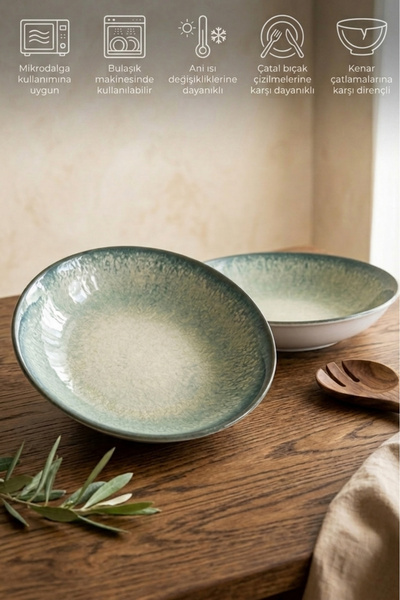 Keramika Jade Tide Pergamon Salata Makarna Tabağı 26 cm 2 Adet Profesyonel Ho...