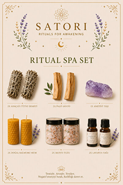 Ritual Spa Set | 2x Banyo Tuzu, 2x Lavanta Yağı, 2x Palo Santo, 2x Adaçayı, 2x Balmumu Mum ve Ametist Taşı Hediye Seti