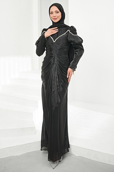 İmajButik Black Gathered Front Janjan Evening Dress with Shoulder Detail
