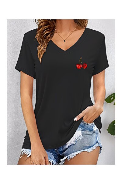 WOODROFFE Tricou de damă cu decolteu în V, cu imprimeu Minimal Cherry, oversi...