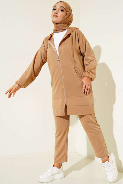 EC MODA Women's Hooded Zippered Double Set