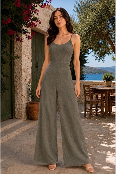 KEHER Women's Wrinkled Fabric Strappy Wide Leg Jumpsuit