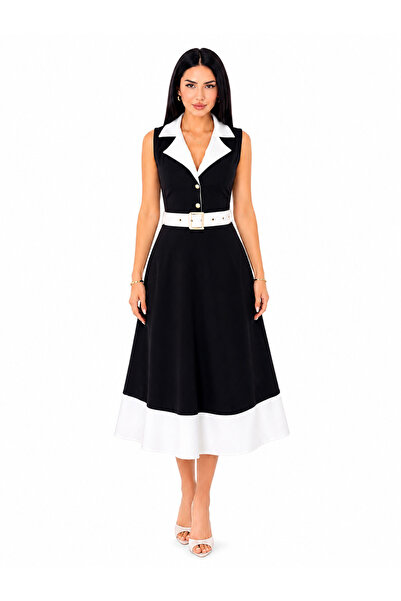 vulgariromania Rochie midi elegantă de damă, cu curea inclusă, fără mâneci, c...