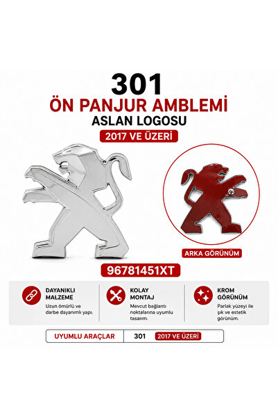 İthal Peugeot 301 Ön Panjur Amblemi Aslan Logosu 2017 ve Üzeri