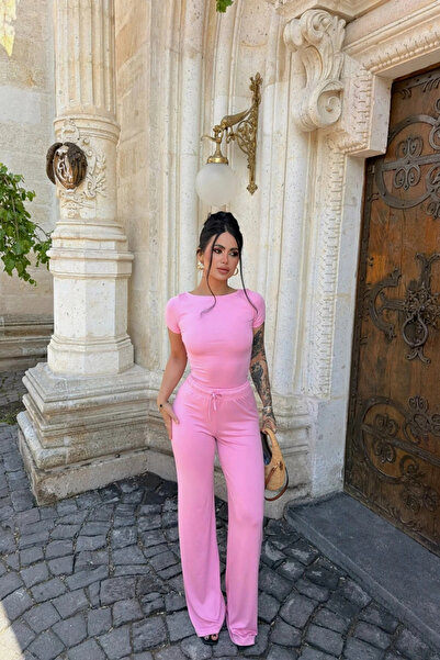 Siner Fashion Set de pantaloni și bluză roz cu decolteu bărcuță pentru femei,...