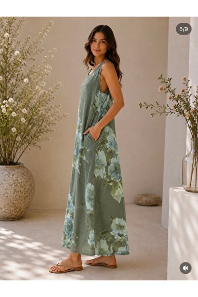 yusracollectionn Italian Linen Floral Patterned Loose Maxi Dress