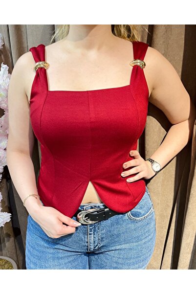 UREF STYLE Kırmızı Kare Yaka Tokalı Büstiyer