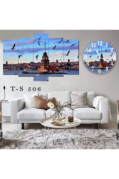 BellaaaModa Istanbul temalı Dekoratif Desenli Mdf Tablo 5 Parça Set ve Saatli...