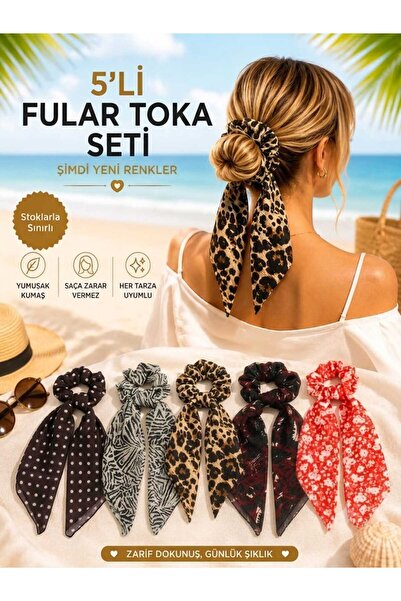 MY TAKI STORE YAZLIK KADIN FULARLI LASTİKLİ SİMİT 5 Lİ TOKA SETİ