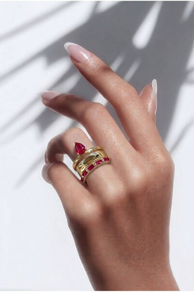 Hegi Collection Gold Renkli Zirkon Taşlı Prenses Çelik Yüzük