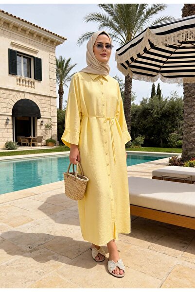 Aselim Hijap Moda فستان لونا بحزام من قماش الفراولة فستان صيفي إسلامي - أصفر