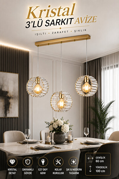 Elvora Home Modern (PREMİUM) Gold Camlı LED 3 x E27 Duy Sarkıt Salon Mutfak Y...