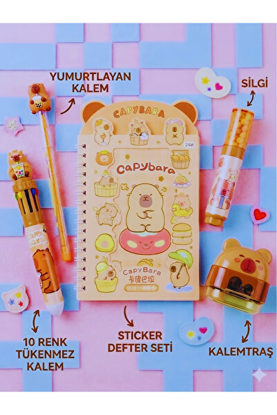ÖZ OFİS Sevimli Capybara 5'li Hediyelik Kırtasiye Seti - Kapibara Sticker Def...