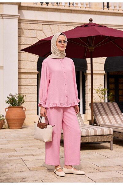 Aselim Hijap Moda طقم بنطلون كبير الحجم من قماش لافين باللون الفراولة مع كشكش...