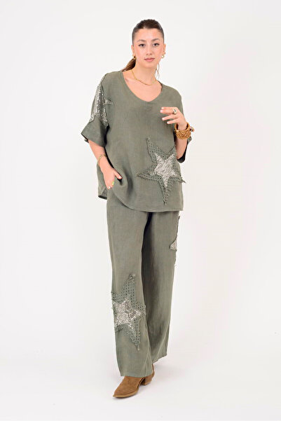 Marjinal Kadın %100 Linen Yıldız Detaylı İkili Takım