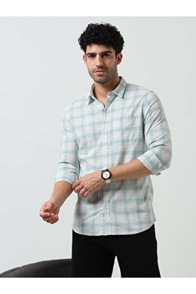 THE SOUTHZ Light Green Check Slub Linen Casual Full Sleeve Shirt