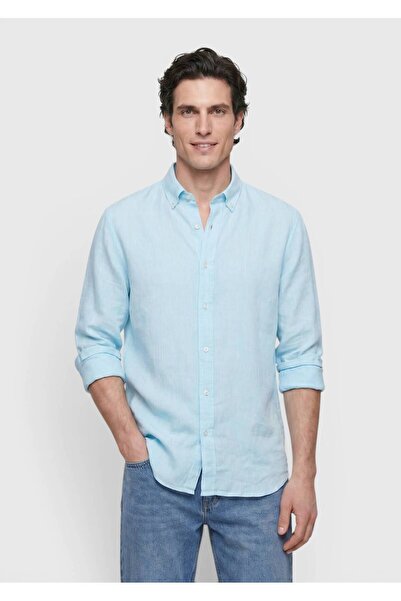 Ramsey Mint Düz Casual Fit Uzun Dokuma Casual %100 Keten Gömlek