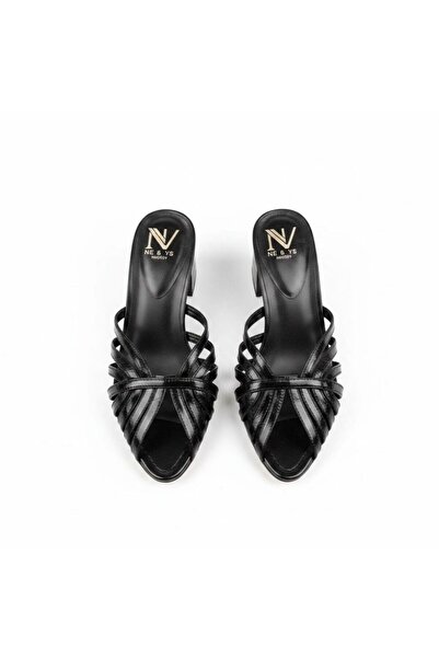 NE&VE SHOES نعال نسائية ذات كعب سميك من الجلد الأسود