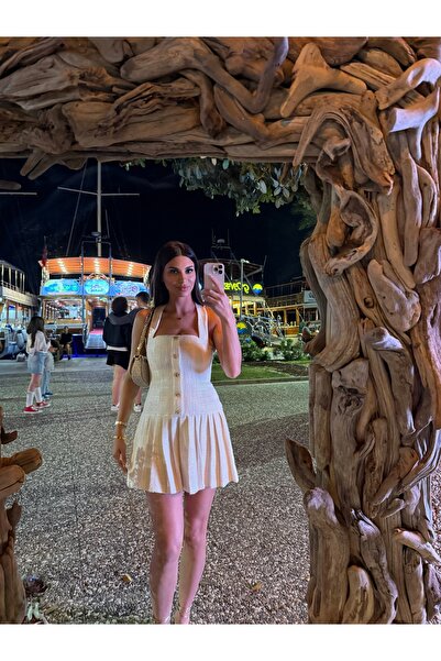 MODA Çiçek düğmeli ekru elbise