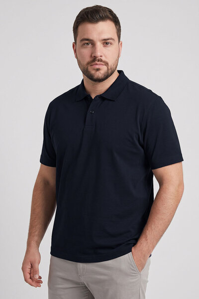 TOMMY LIFE Navy Blue Polo Collar Oversized Men's T-Shirt - 88511