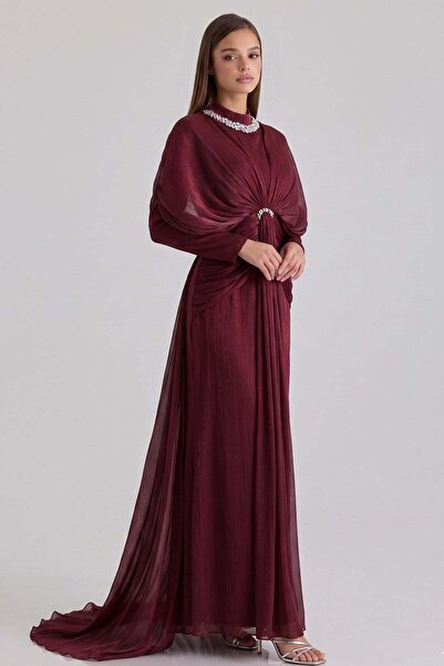 Olcay Yoryo Seiden-Tesettür-Abendkleid mit Stein- und Volan-Details DUNKELBOR...