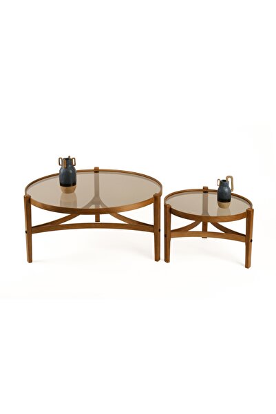 Vivense REN İKİLİ SET ORTA SEHPA, CEVİZ BRONZ CAM
