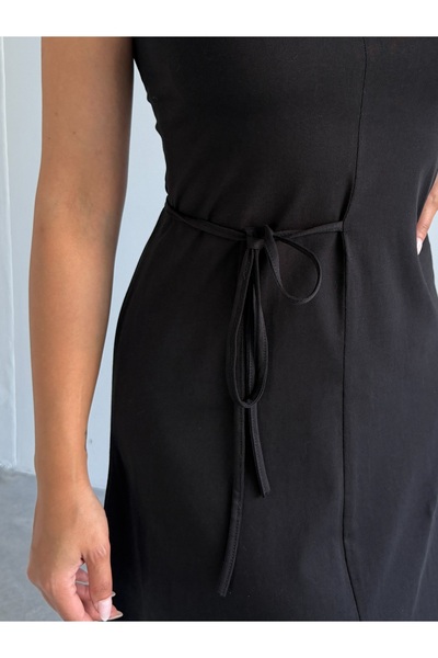 CrepTekstil Crep Kadın Asimetrik Midi Elbise – Bel Detaylı V Yaka %100 Pamuk Yazlık Elbise Siyah