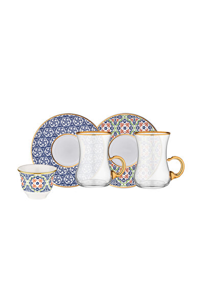 Decorium Mahza 18 Piece Multi-Colored Glass Mirra and Tea Set for 6 People 9-...