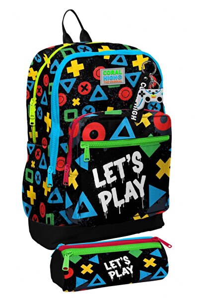 Coral High School Backpack and Pen Holder Set - Black Multicolor Lets Play Pr...