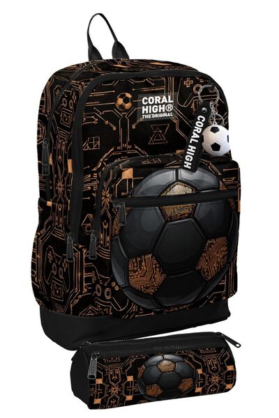 Coral High School Backpack and Pencil Case Set - Black Brown Football Printed...