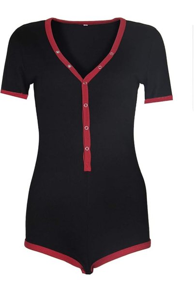 OEM Bodysuit de damă cu mânecă lungă, decolteu în V, negru-roșu, elastic, m