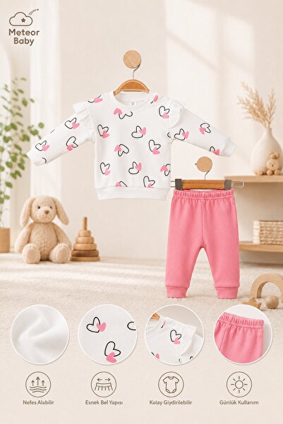 METEOR BABY Baby Girl Heart Patterned Top and Bottom Set Seasonal 3 6 9 12 Months