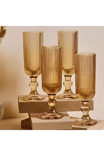 P H Panayır Home Set of 6 Gold Flut Coffee and Water Glasses 130 Cc