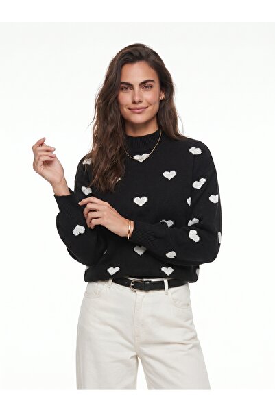 ONLOOX Black and White Acrylic Textured Half Turtleneck Standard Fit Heart Pa...