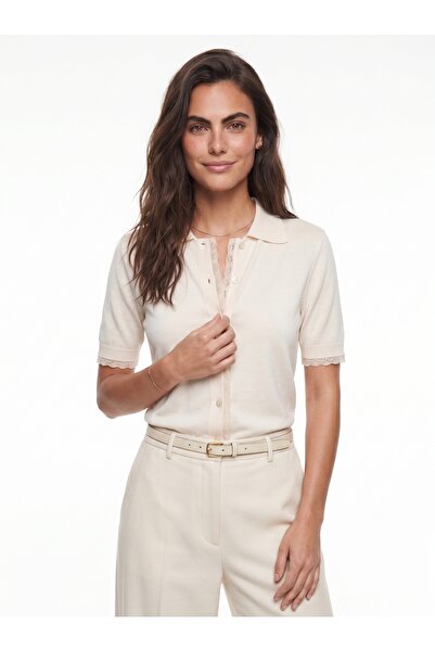 ONLOOX Cream Mercerized Viscose Blended Short Sleeve Comfortable Fit Lace Det...