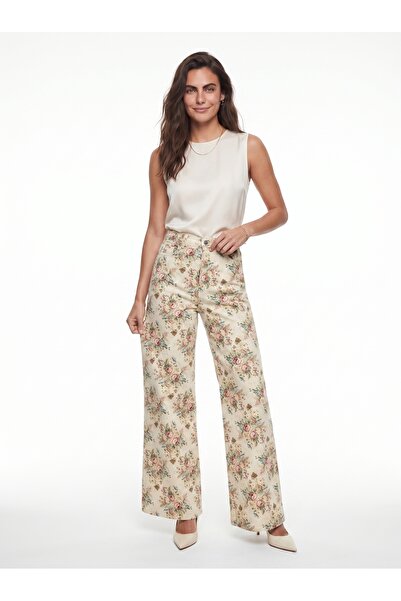 ONLOOX Cream Pink Cotton High Waist Wide Leg Vintage Patterned Side Pocket De...