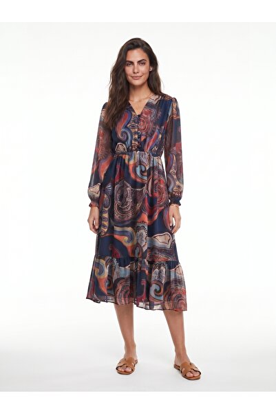 ONLOOX Navy Blue Chiffon Fabric V-Neck Long Sleeve Dress with Elastic Waist a...