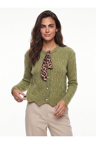 ONLOOX Light Green Hair Braided Textured Crew Neck Standard Fit Buttoned Knit...