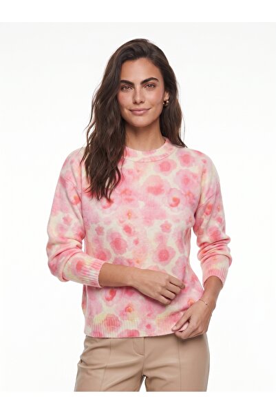 ONLOOX Beige Pink Acrylic Blended Crew Neck Drop Shoulder Fragmented Pattern ...