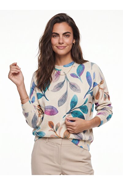 ONLOOX Beige Turquoise Stretchy Acrylic Blended Fabric Crew Neck Drop Shoulde...