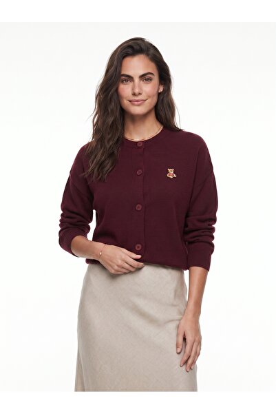 ONLOOX Burgundy Acrylic Fabric Crew Neck Standard Fit Teddy Embroidered Butto...