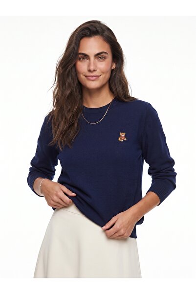 ONLOOX Navy Blue Acrylic Textured Crew Neck Standard Fit Teddy Bear Embroider...