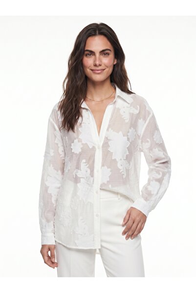 ONLOOX White Cotton Viscose Blended Shirt Collar Long Sleeve Oversize Jacquar...