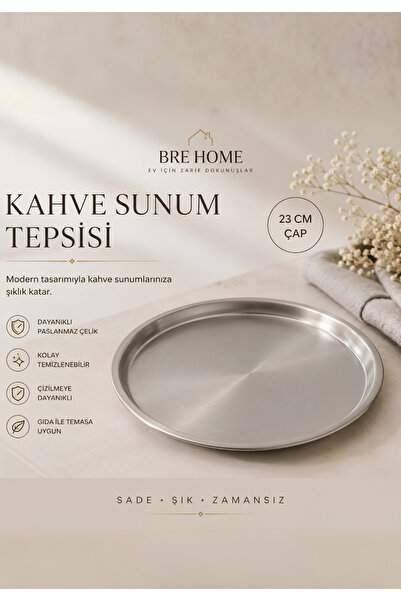 BRE HOME Paslanmaz Çelik Kahve Sunum Tepsisi 23 cm Yuvarlak Servis Tepsisi 1 ...