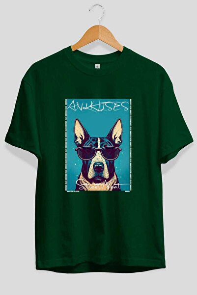 Ankhises For Dog Lovers 47 Front Dog Printed Green Oversize T-Shirt 100% Cott...