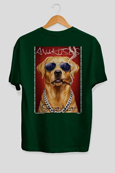 Ankhises For Dog Lovers 51 Back Dog Printed Green Oversize T-Shirt 100% Cotto...